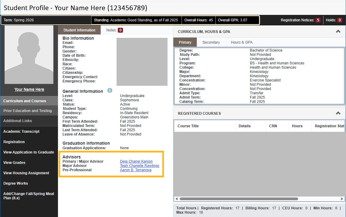 Example of the UNCGenie Student Profile page