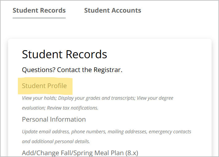 Example of UNCGenie Student Records menu with Student Profile listed first
